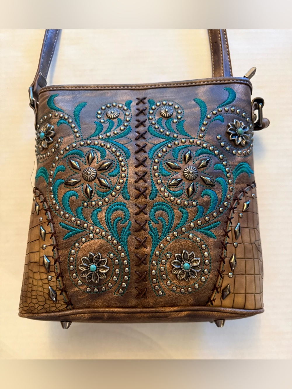 Montana West Western Crossbody Purse Brown Turquoise Embroidered Studded Bag - Picture 13 of 15